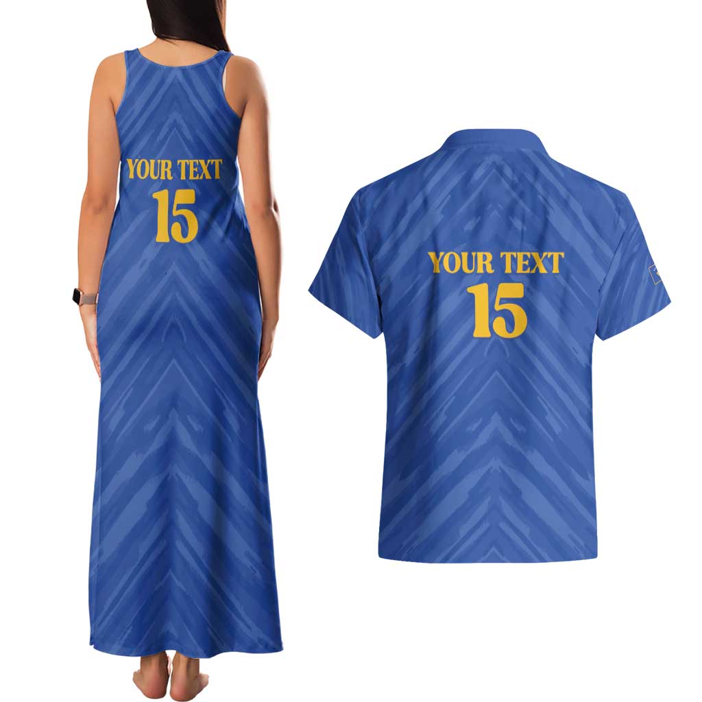 Custom Kosovo Football 2026 Couples Matching Tank Maxi Dress and Hawaiian Shirt Rising Nation Blue Gold - Wonder Print Shop
