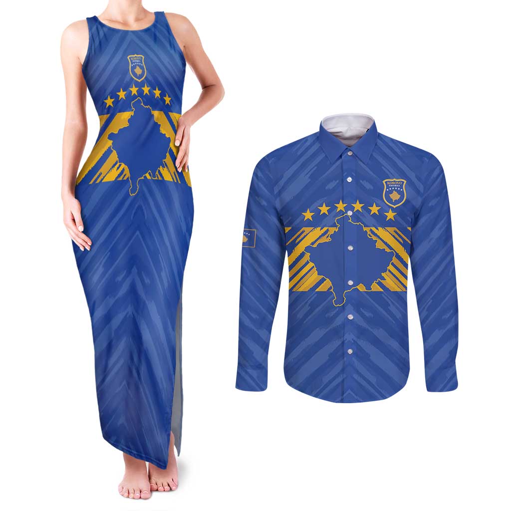 Custom Kosovo Football 2026 Couples Matching Tank Maxi Dress and Long Sleeve Button Shirt Rising Nation Blue Gold - Wonder Print Shop