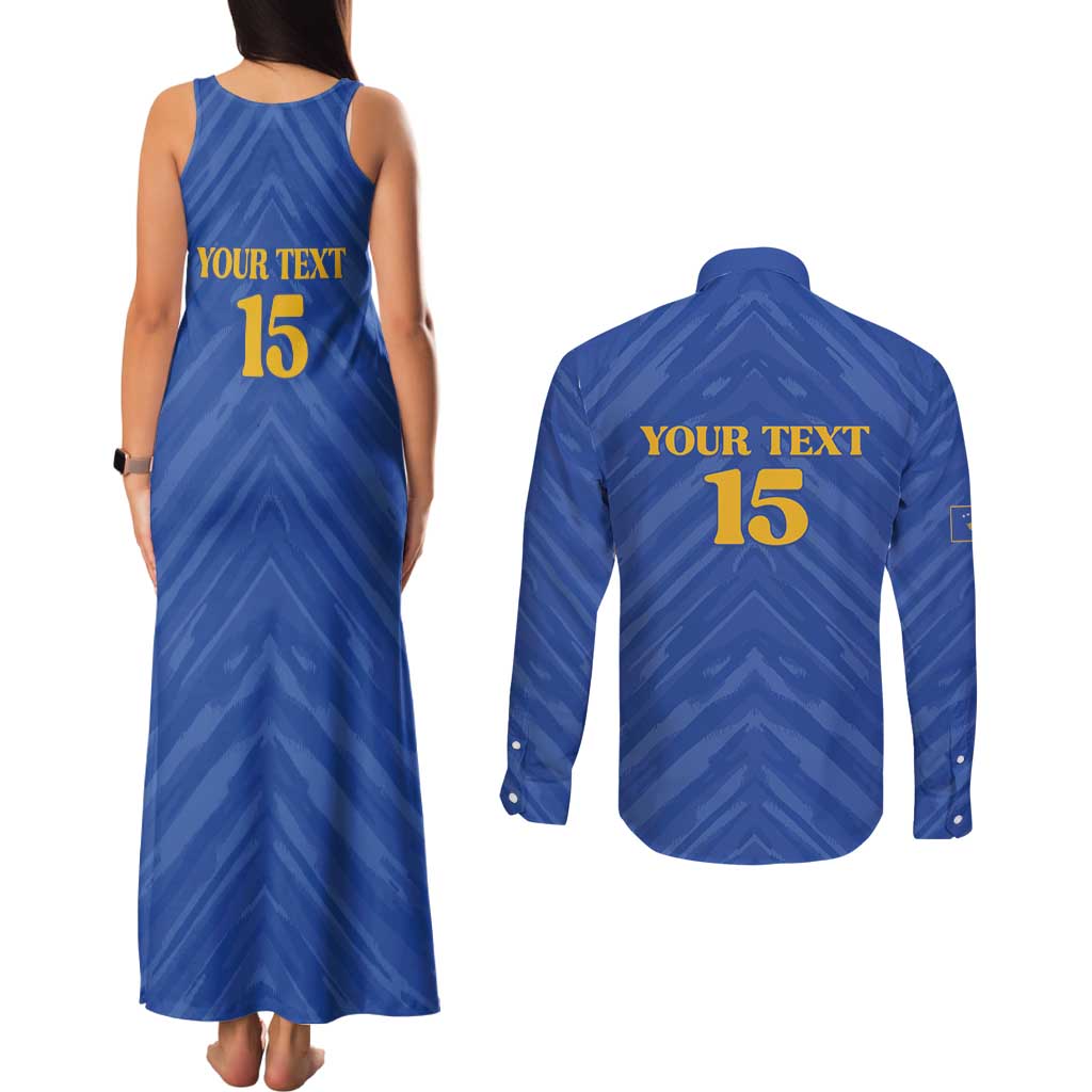 Custom Kosovo Football 2026 Couples Matching Tank Maxi Dress and Long Sleeve Button Shirt Rising Nation Blue Gold - Wonder Print Shop