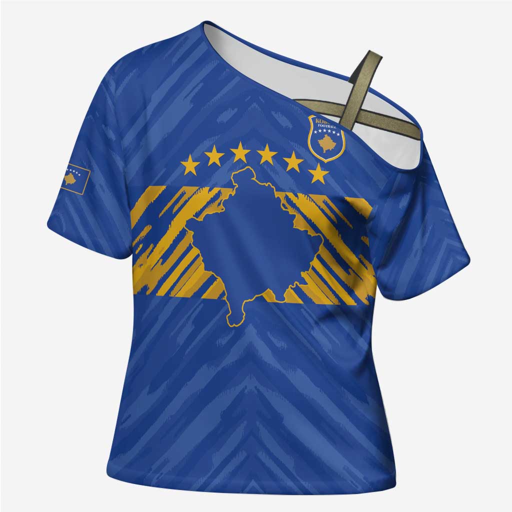 Custom Kosovo Football 2026 Cross Shoulder Shirt Rising Nation Blue Gold - Wonder Print Shop