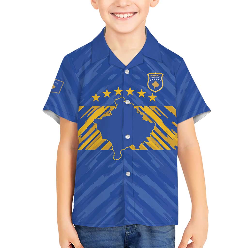 Custom Kosovo Football 2026 Family Matching Long Sleeve Bodycon Dress and Hawaiian Shirt Rising Nation Blue Gold - Wonder Print Shop