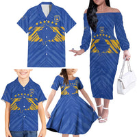 Custom Kosovo Football 2026 Family Matching Off The Shoulder Long Sleeve Dress and Hawaiian Shirt Rising Nation Blue Gold - Wonder Print Shop
