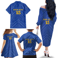 Custom Kosovo Football 2026 Family Matching Off The Shoulder Long Sleeve Dress and Hawaiian Shirt Rising Nation Blue Gold - Wonder Print Shop