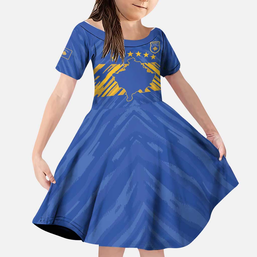 Custom Kosovo Football 2026 Family Matching Off Shoulder Maxi Dress and Hawaiian Shirt Rising Nation Blue Gold - Wonder Print Shop