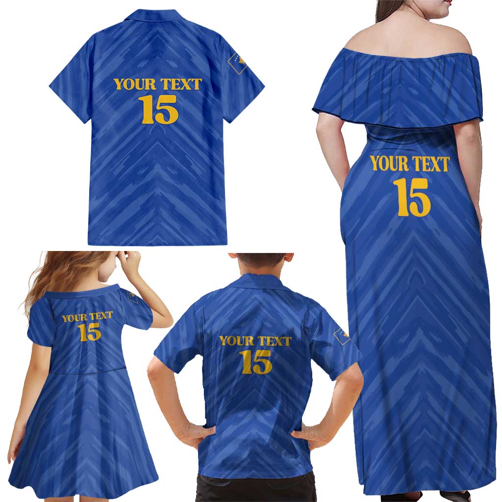 Custom Kosovo Football 2026 Family Matching Off Shoulder Maxi Dress and Hawaiian Shirt Rising Nation Blue Gold - Wonder Print Shop