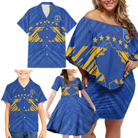 Custom Kosovo Football 2026 Family Matching Off Shoulder Short Dress and Hawaiian Shirt Rising Nation Blue Gold - Wonder Print Shop