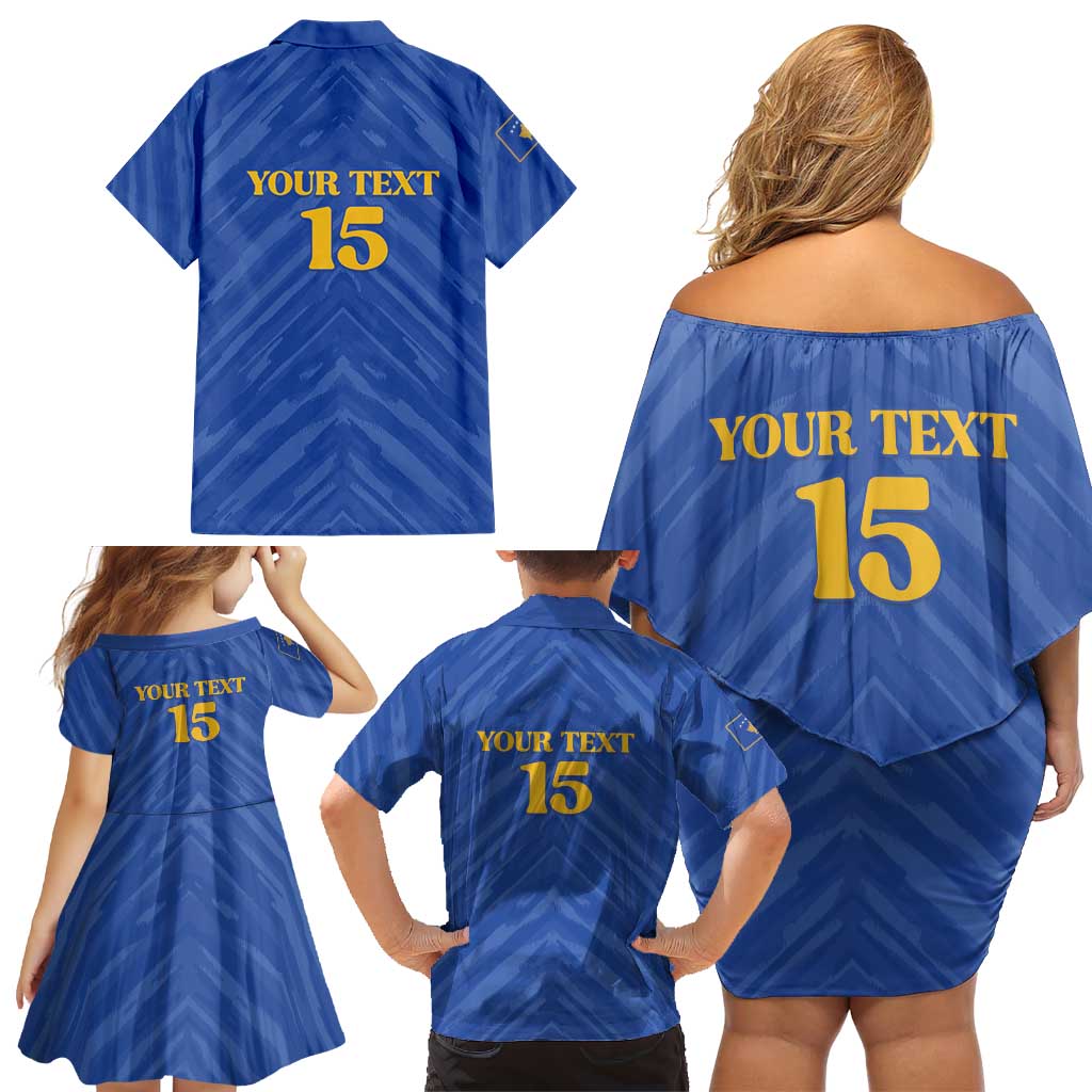 Custom Kosovo Football 2026 Family Matching Off Shoulder Short Dress and Hawaiian Shirt Rising Nation Blue Gold - Wonder Print Shop