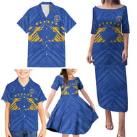 Custom Kosovo Football 2026 Family Matching Puletasi and Hawaiian Shirt Rising Nation Blue Gold - Wonder Print Shop