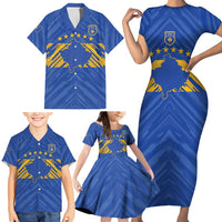 Custom Kosovo Football 2026 Family Matching Short Sleeve Bodycon Dress and Hawaiian Shirt Rising Nation Blue Gold - Wonder Print Shop