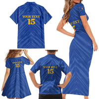 Custom Kosovo Football 2026 Family Matching Short Sleeve Bodycon Dress and Hawaiian Shirt Rising Nation Blue Gold - Wonder Print Shop