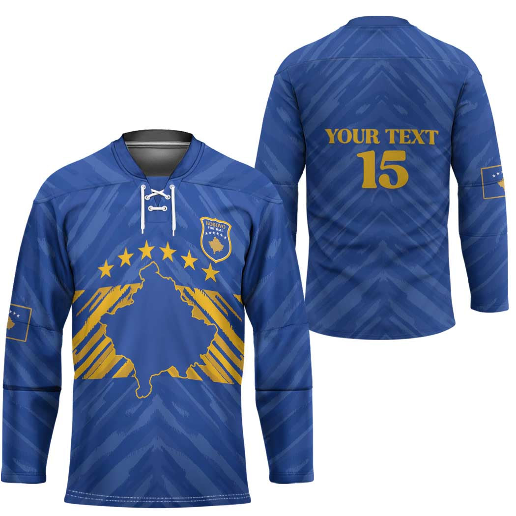 Custom Kosovo Football 2026 Hockey Jersey Rising Nation Blue Gold - Wonder Print Shop