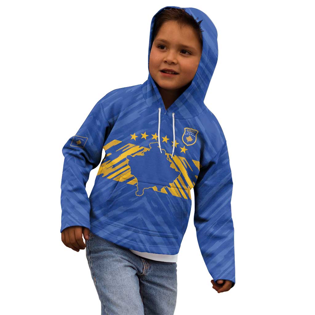 Custom Kosovo Football 2026 Kid Hoodie Rising Nation Blue Gold - Wonder Print Shop