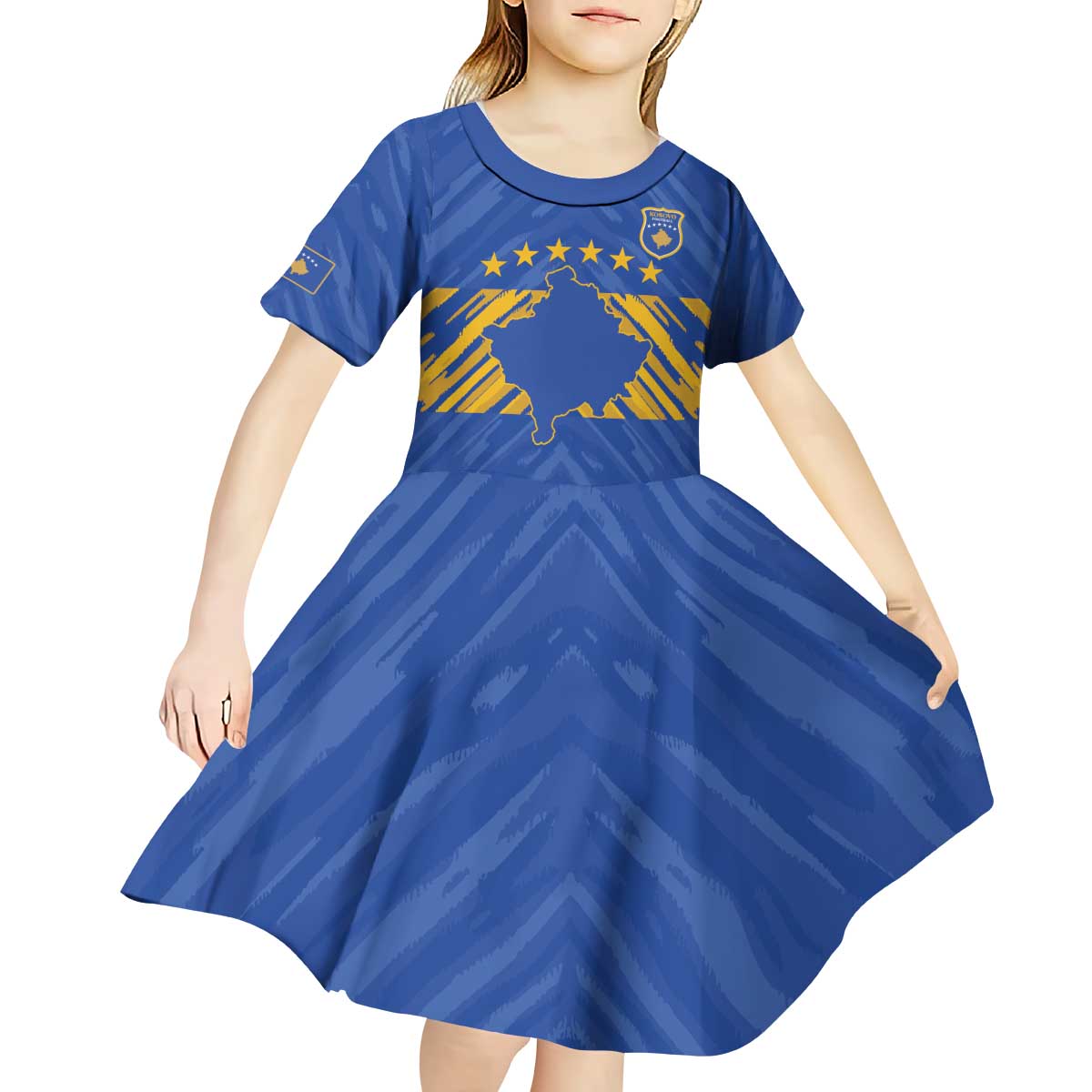Custom Kosovo Football 2026 Kid Short Sleeve Dress Rising Nation Blue Gold - Wonder Print Shop