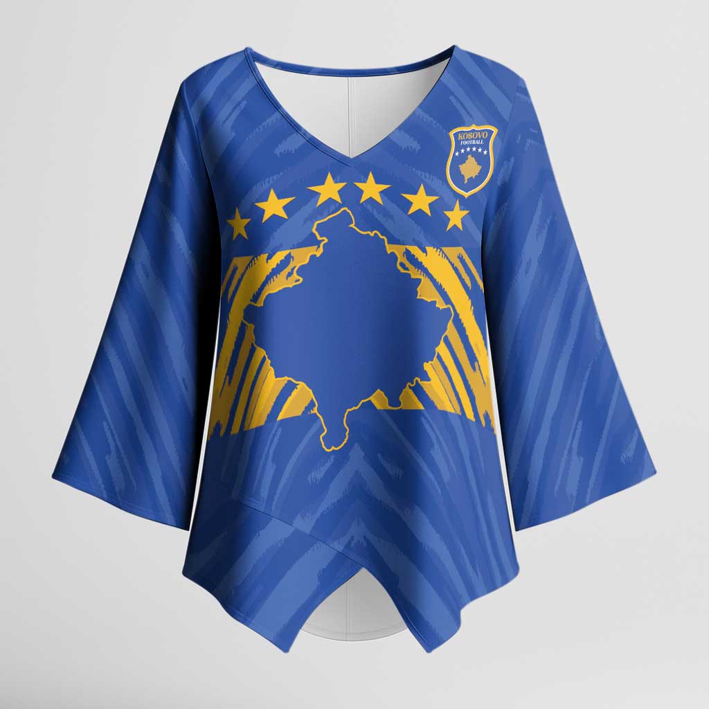 Custom Kosovo Football 2026 Kimono Sleeve Blouse Rising Nation Blue Gold - Wonder Print Shop