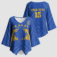 Custom Kosovo Football 2026 Kimono Sleeve Blouse Rising Nation Blue Gold - Wonder Print Shop