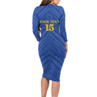 Custom Kosovo Football 2026 Long Sleeve Bodycon Dress Rising Nation Blue Gold - Wonder Print Shop
