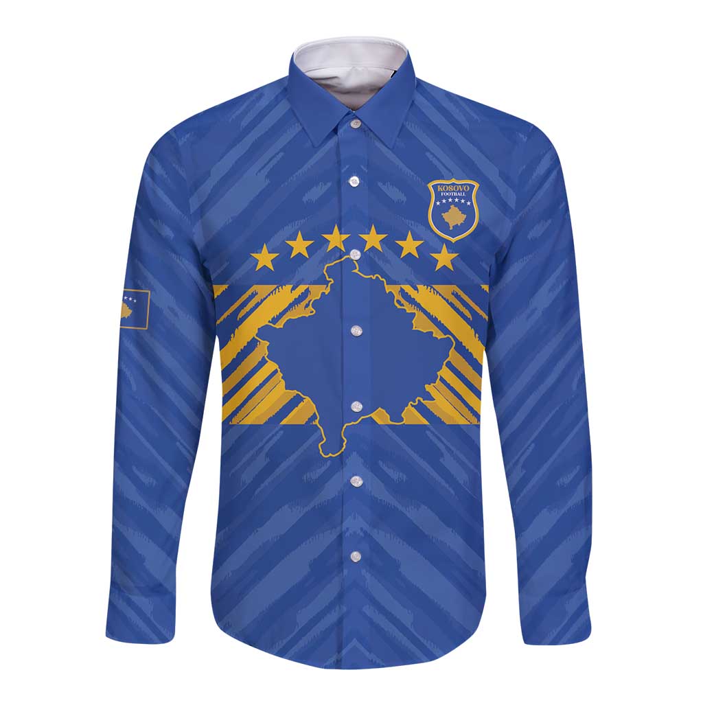Custom Kosovo Football 2026 Long Sleeve Button Shirt Rising Nation Blue Gold - Wonder Print Shop
