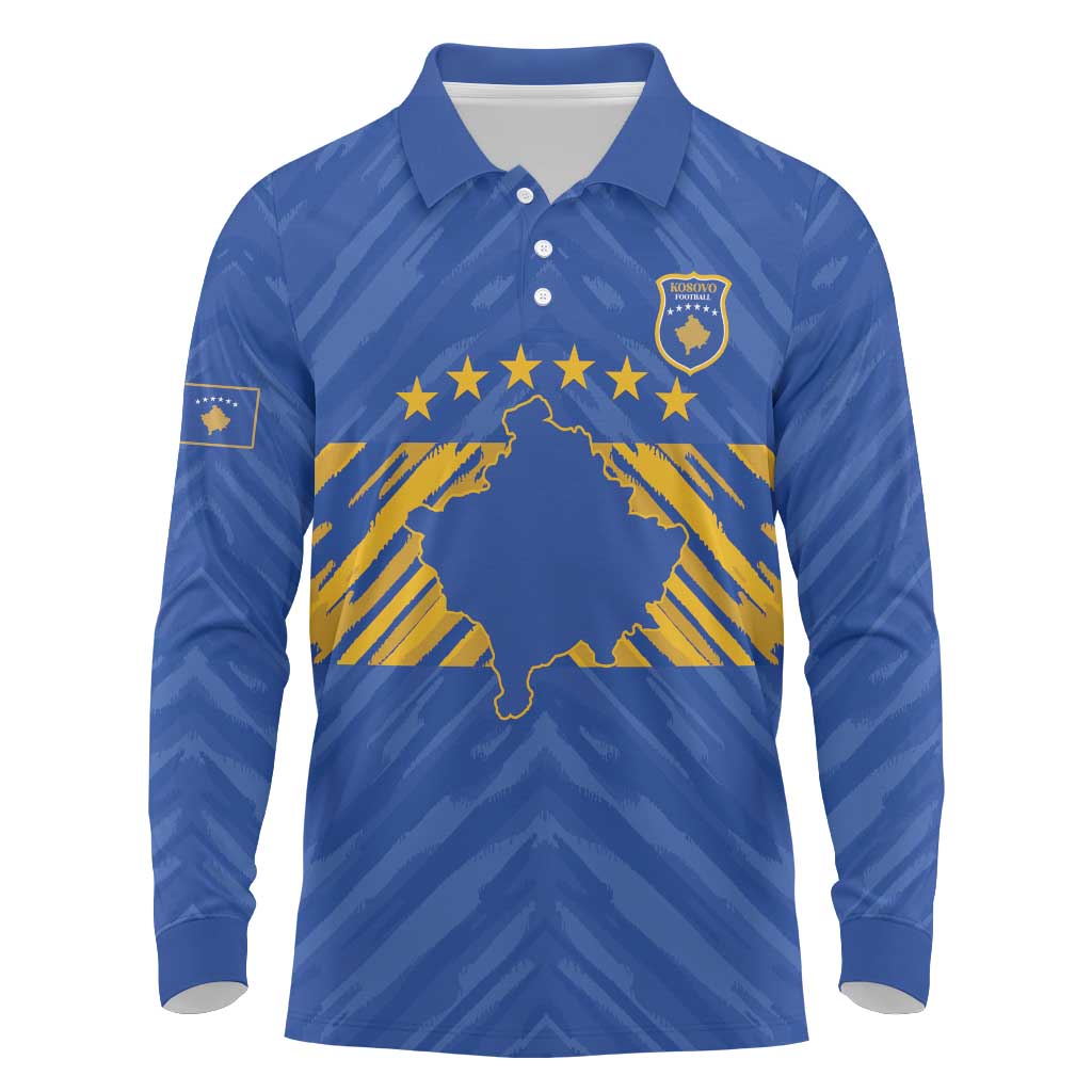 Custom Kosovo Football 2026 Long Sleeve Polo Shirt Rising Nation Blue Gold - Wonder Print Shop