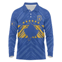 Custom Kosovo Football 2026 Long Sleeve Polo Shirt Rising Nation Blue Gold - Wonder Print Shop