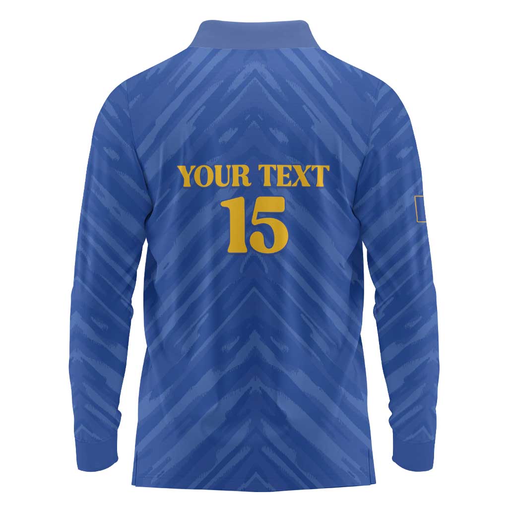 Custom Kosovo Football 2026 Long Sleeve Polo Shirt Rising Nation Blue Gold - Wonder Print Shop