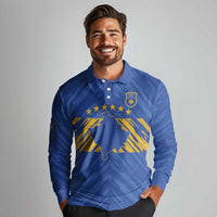 Custom Kosovo Football 2026 Long Sleeve Polo Shirt Rising Nation Blue Gold - Wonder Print Shop