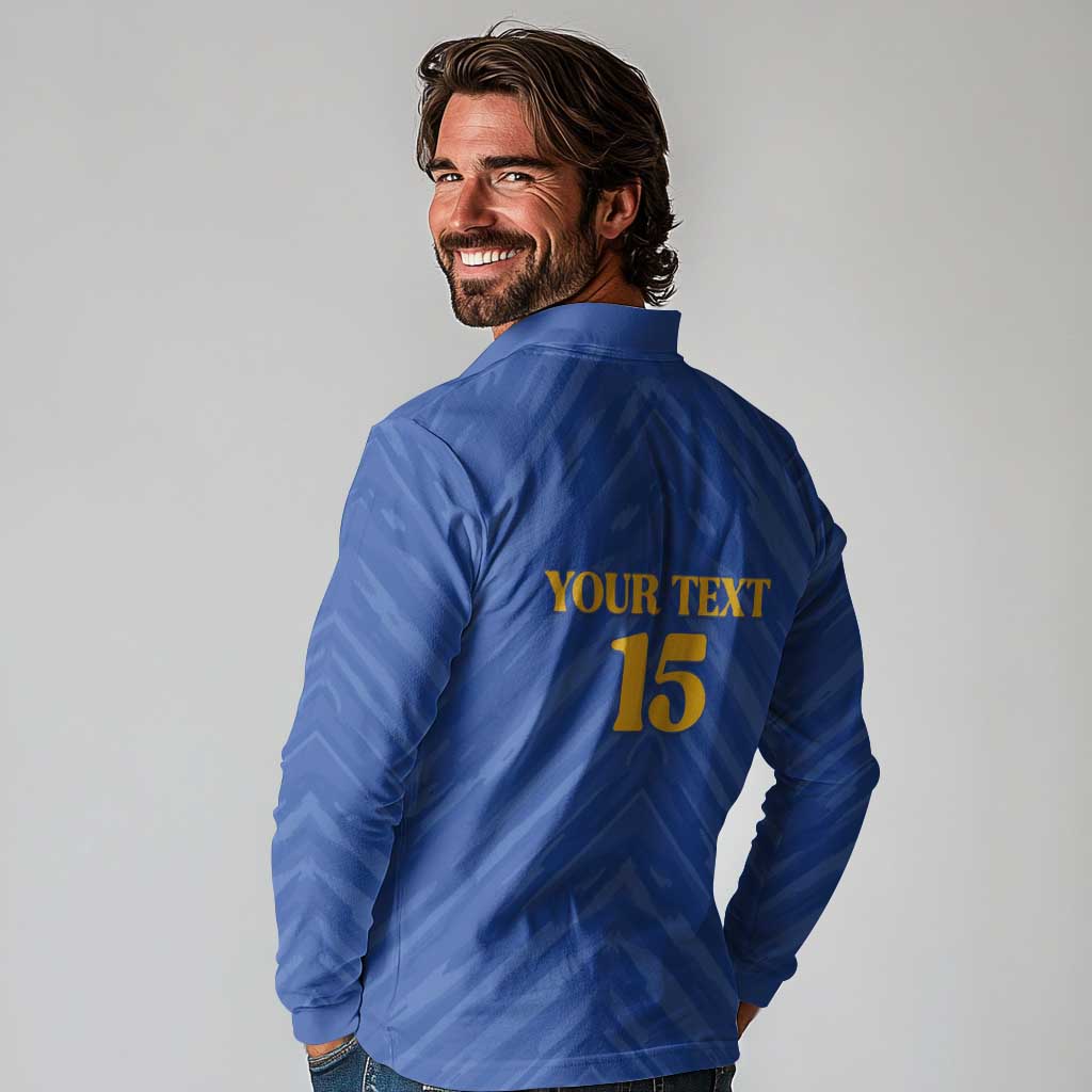Custom Kosovo Football 2026 Long Sleeve Polo Shirt Rising Nation Blue Gold - Wonder Print Shop