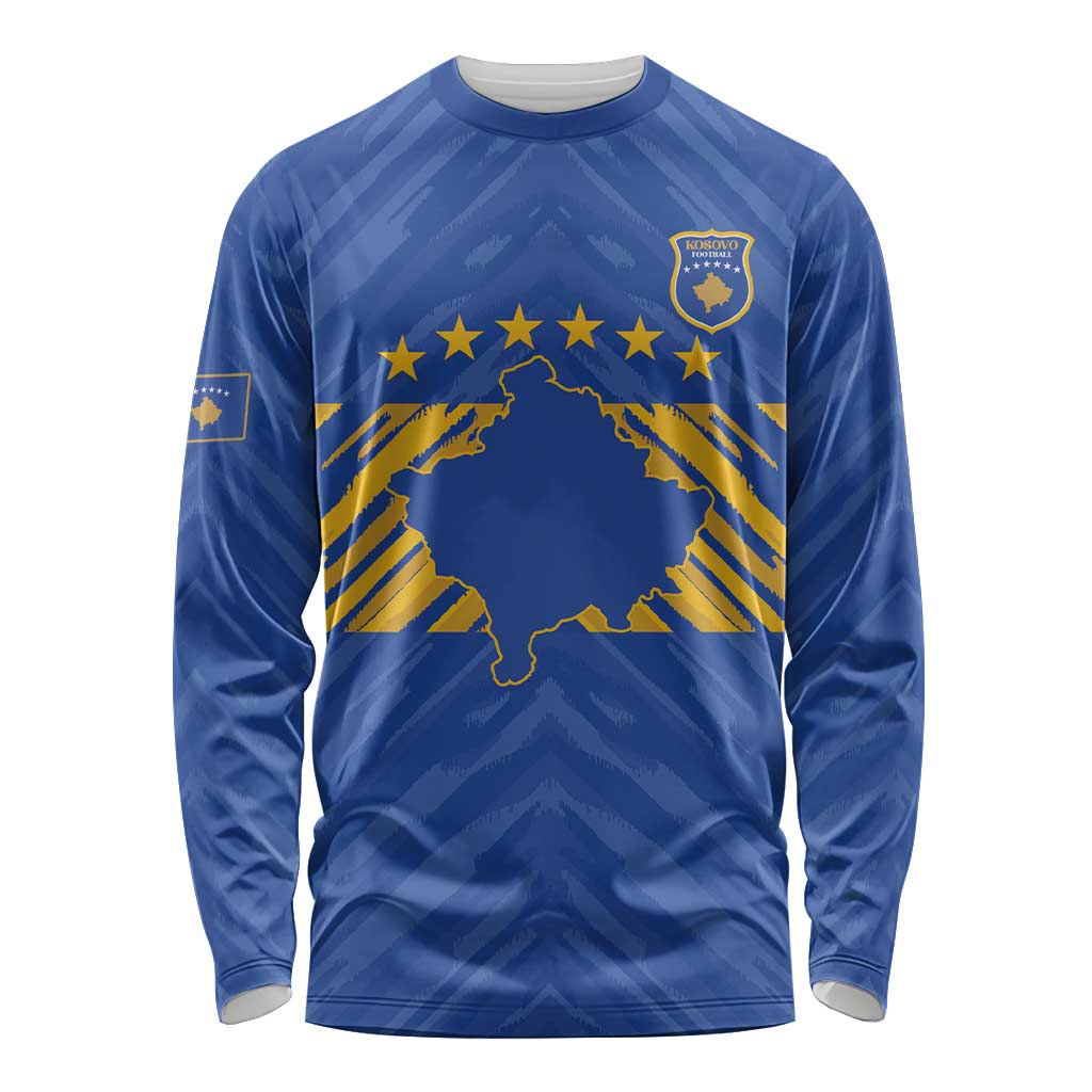 Custom Kosovo Football 2026 Long Sleeve Shirt Rising Nation Blue Gold - Wonder Print Shop