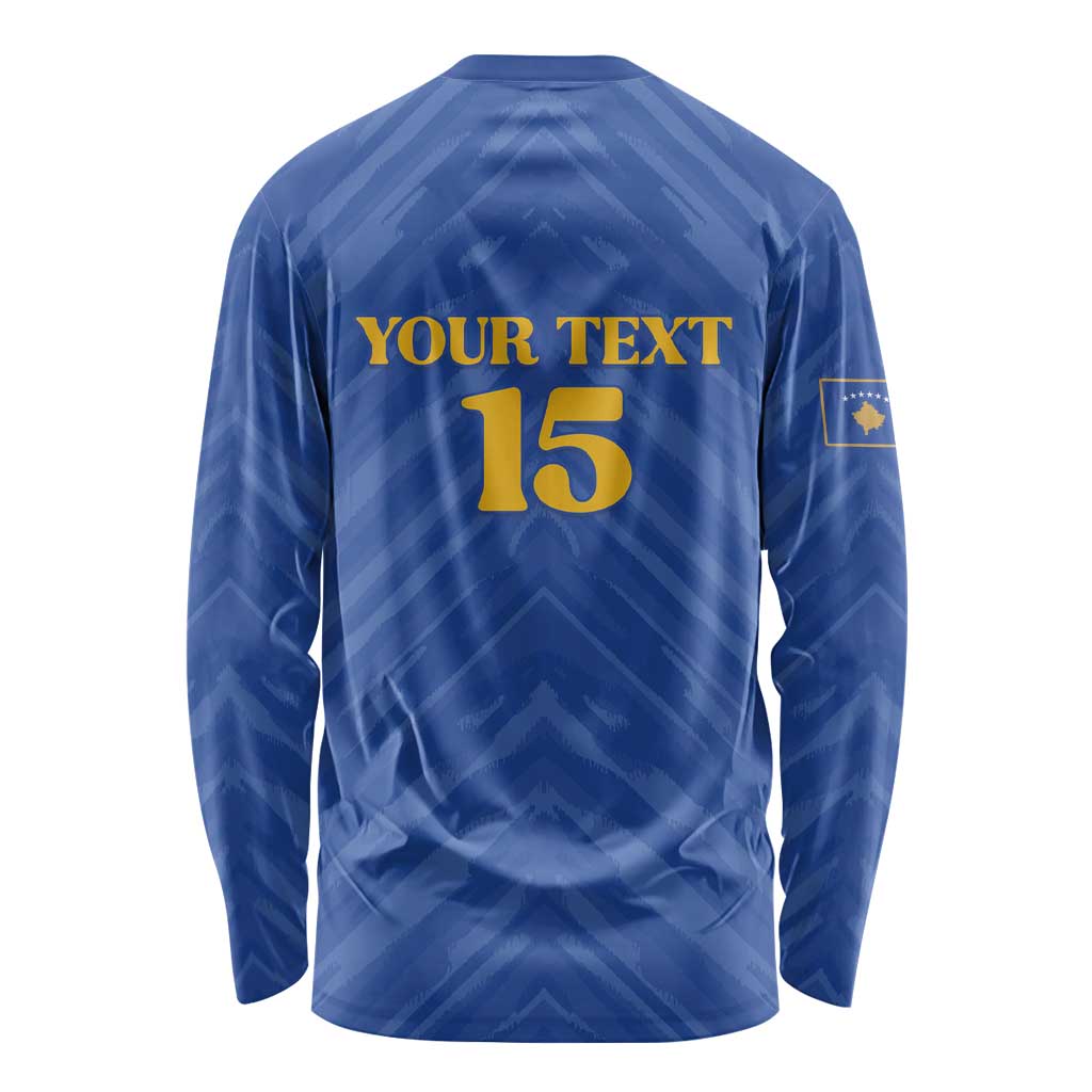 Custom Kosovo Football 2026 Long Sleeve Shirt Rising Nation Blue Gold - Wonder Print Shop