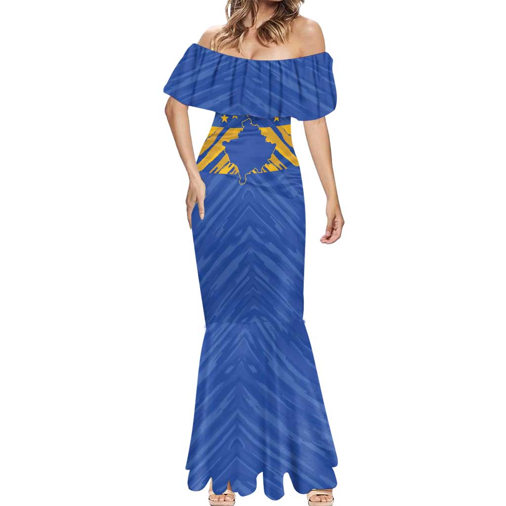 Custom Kosovo Football 2026 Mermaid Dress Rising Nation Blue Gold - Wonder Print Shop
