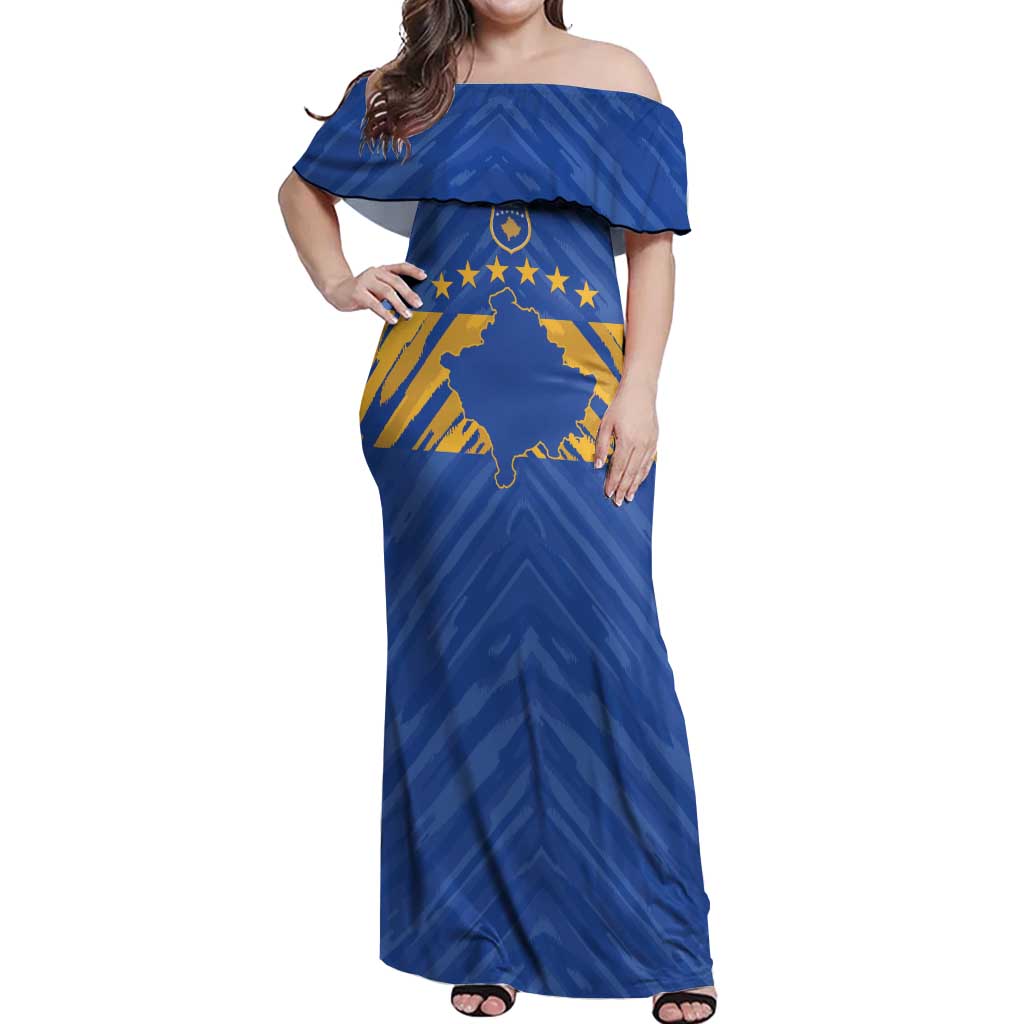 Custom Kosovo Football 2026 Off Shoulder Maxi Dress Rising Nation Blue Gold - Wonder Print Shop