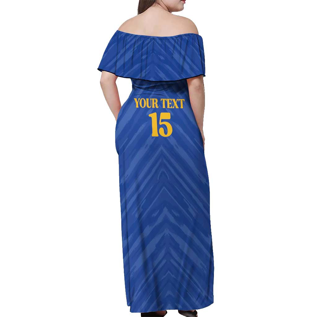 Custom Kosovo Football 2026 Off Shoulder Maxi Dress Rising Nation Blue Gold - Wonder Print Shop