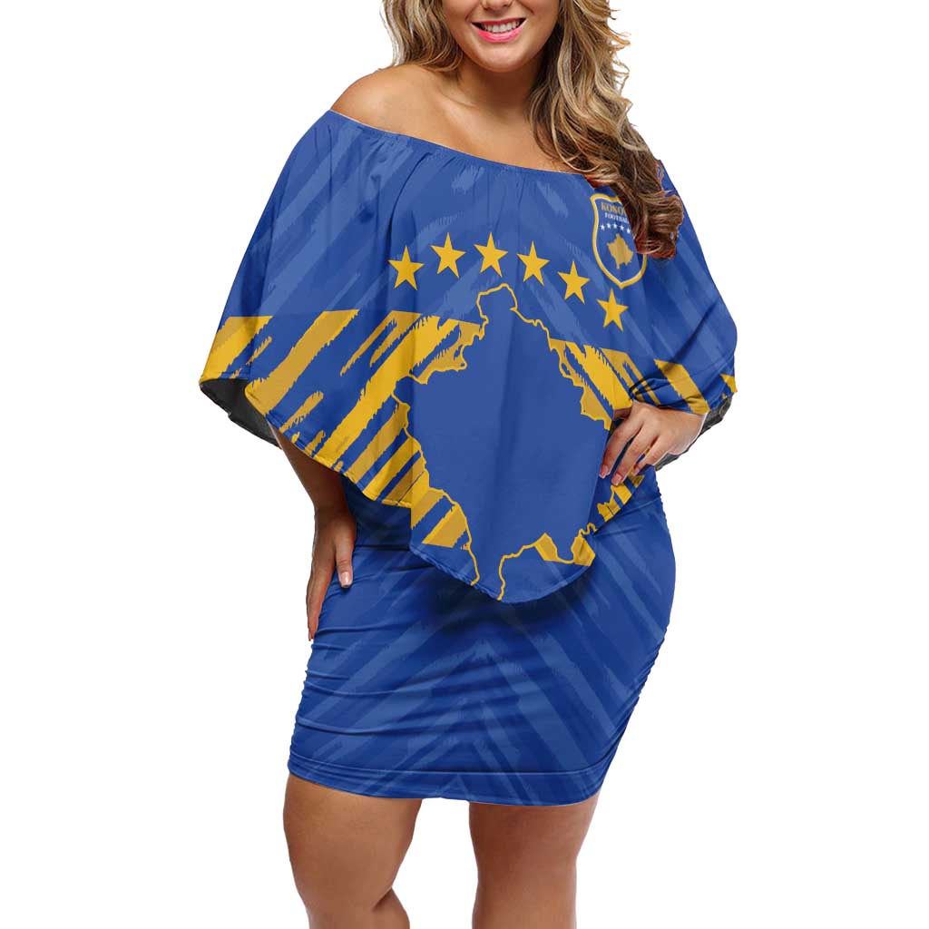 Custom Kosovo Football 2026 Off Shoulder Short Dress Rising Nation Blue Gold - Wonder Print Shop