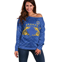 Custom Kosovo Football 2026 Off Shoulder Sweater Rising Nation Blue Gold - Wonder Print Shop