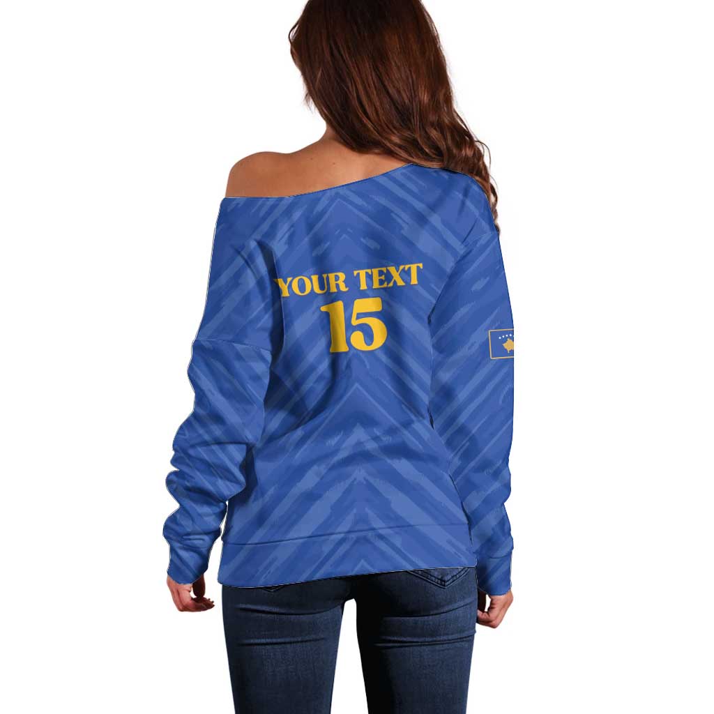 Custom Kosovo Football 2026 Off Shoulder Sweater Rising Nation Blue Gold - Wonder Print Shop