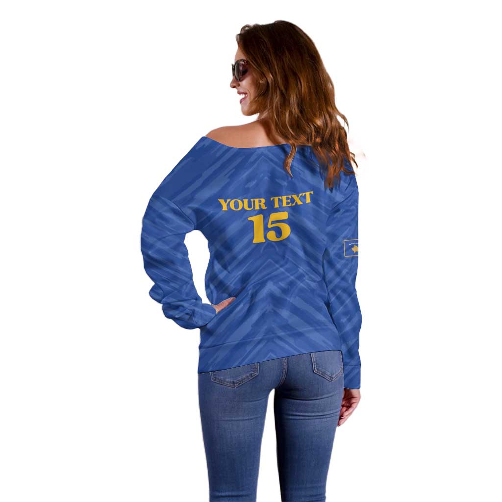 Custom Kosovo Football 2026 Off Shoulder Sweater Rising Nation Blue Gold - Wonder Print Shop