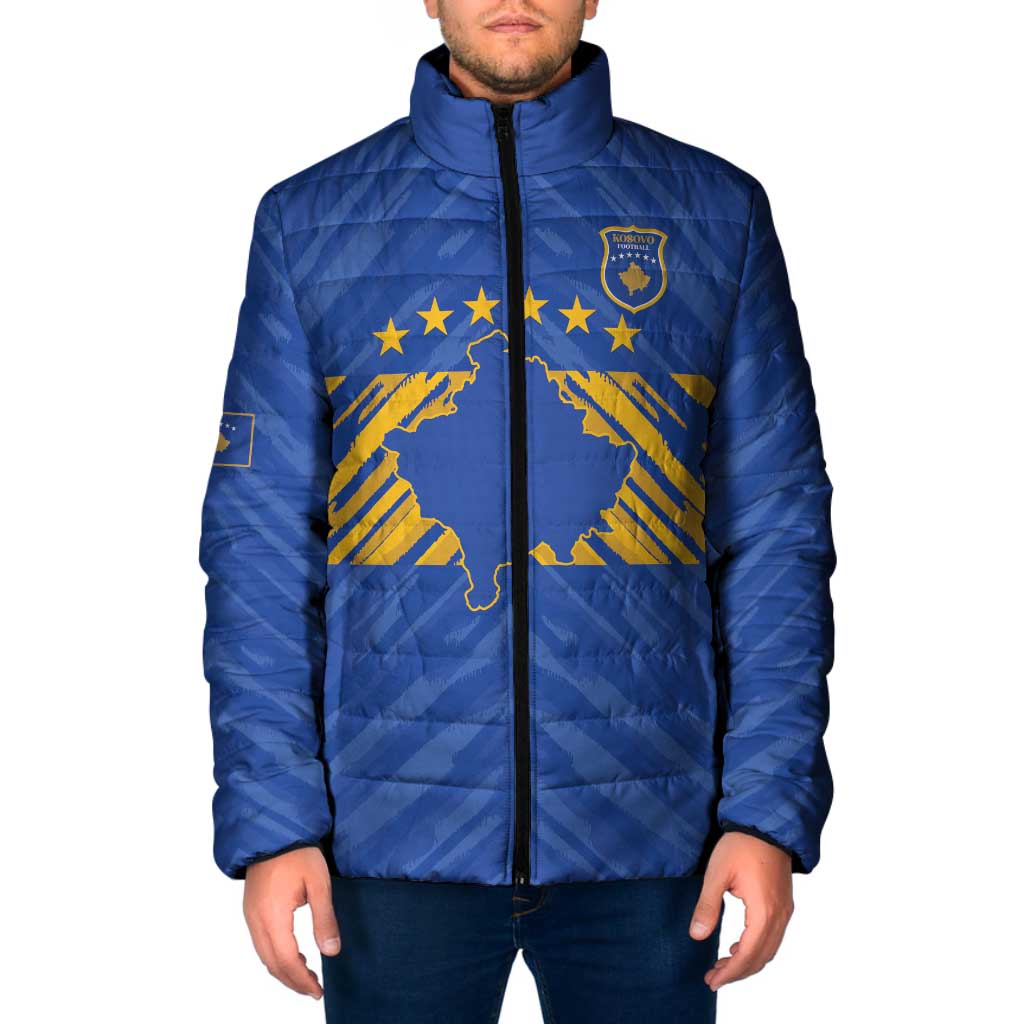 Custom Kosovo Football 2026 Padded Jacket Rising Nation Blue Gold - Wonder Print Shop