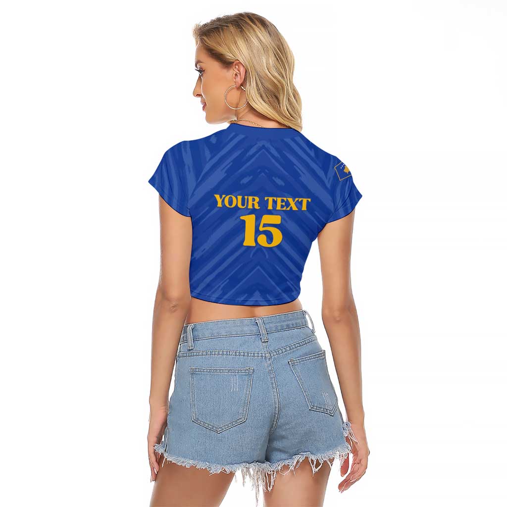 Custom Kosovo Football 2026 Raglan Cropped T Shirt Rising Nation Blue Gold - Wonder Print Shop