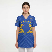 Custom Kosovo Football 2026 Scrub Top Rising Nation Blue Gold - Wonder Print Shop