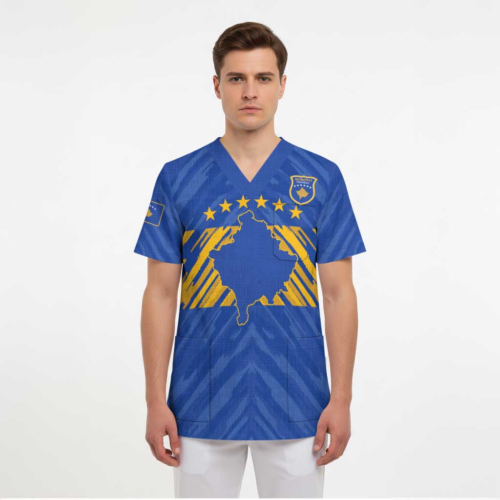 Custom Kosovo Football 2026 Scrub Top Rising Nation Blue Gold - Wonder Print Shop