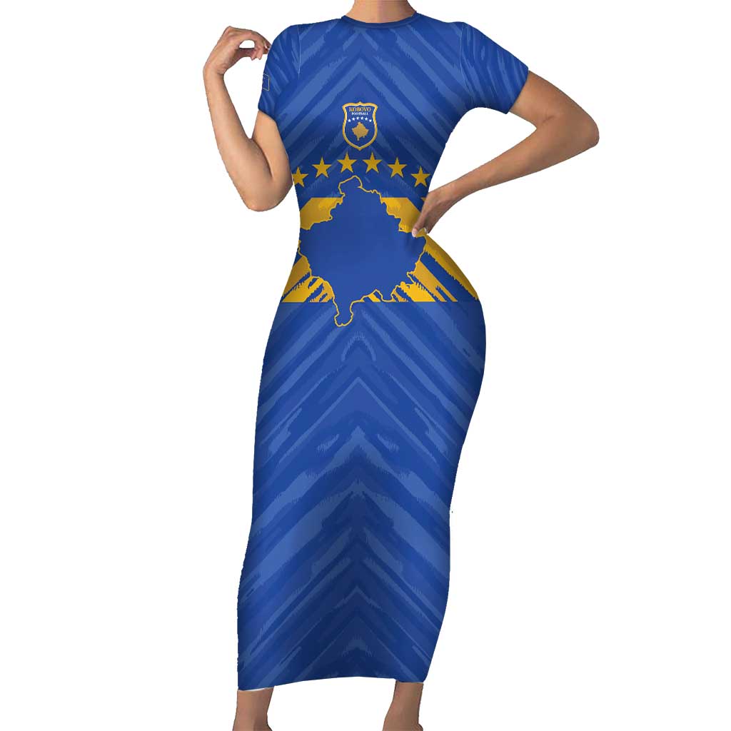 Custom Kosovo Football 2026 Short Sleeve Bodycon Dress Rising Nation Blue Gold - Wonder Print Shop