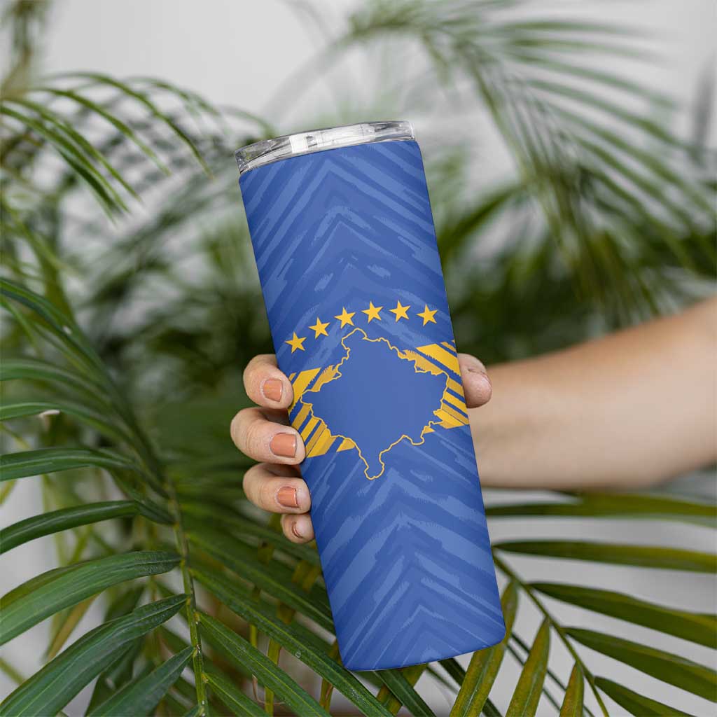 Custom Kosovo Football 2026 Skinny Tumbler Rising Nation Blue Gold - Wonder Print Shop