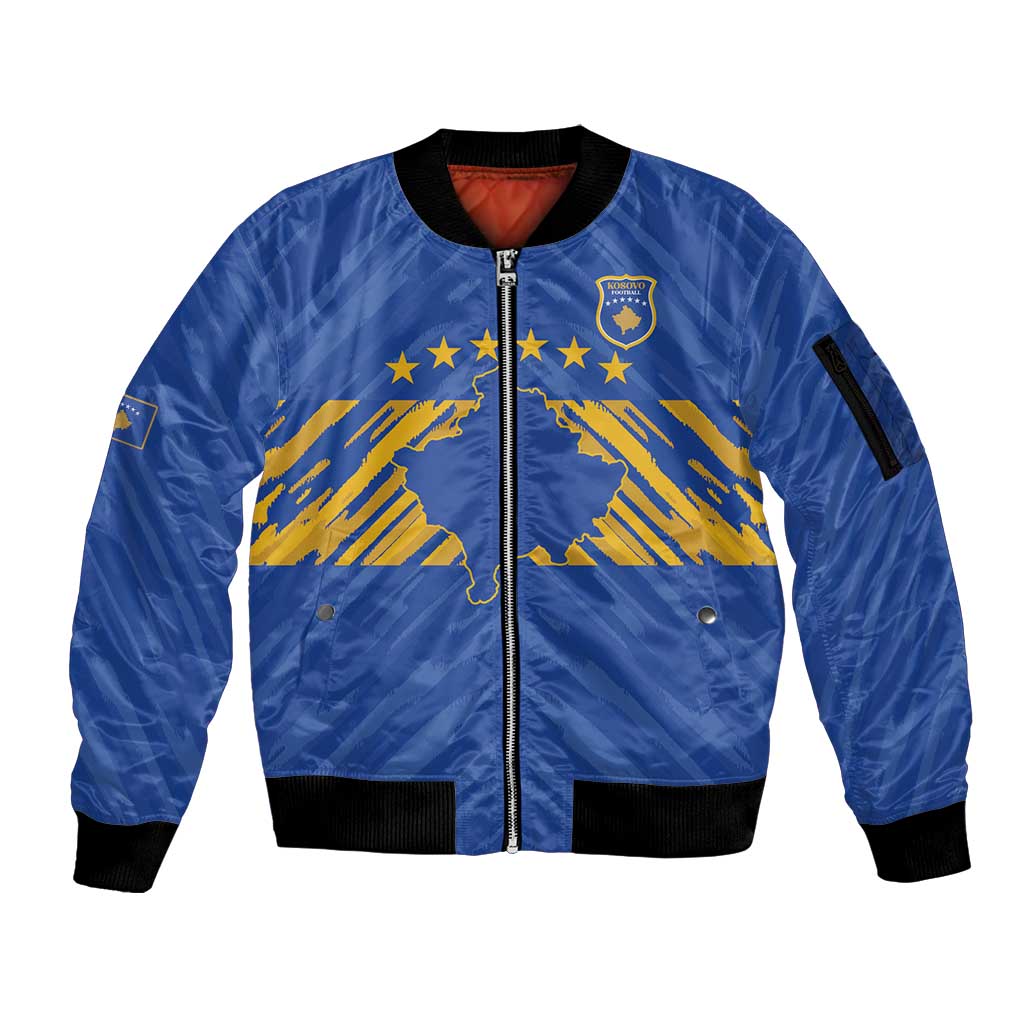 Custom Kosovo Football 2026 Sleeve Zip Bomber Jacket Rising Nation Blue Gold - Wonder Print Shop