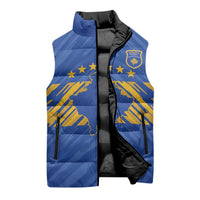 Custom Kosovo Football 2026 Sleeveless Puffer Jacket Rising Nation Blue Gold - Wonder Print Shop