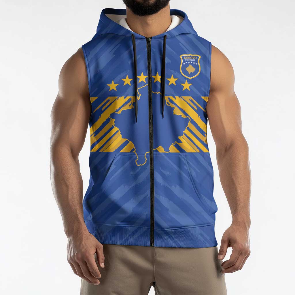 Custom Kosovo Football 2026 Sleeveless Zip Hoodie Rising Nation Blue Gold - Wonder Print Shop