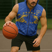 Custom Kosovo Football 2026 Sleeveless Zip Hoodie Rising Nation Blue Gold - Wonder Print Shop