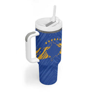 Custom Kosovo Football 2026 Tumbler With Handle Rising Nation Blue Gold - Wonder Print Shop