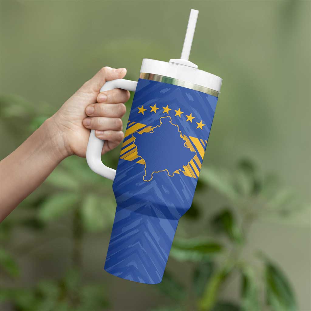 Custom Kosovo Football 2026 Tumbler With Handle Rising Nation Blue Gold - Wonder Print Shop