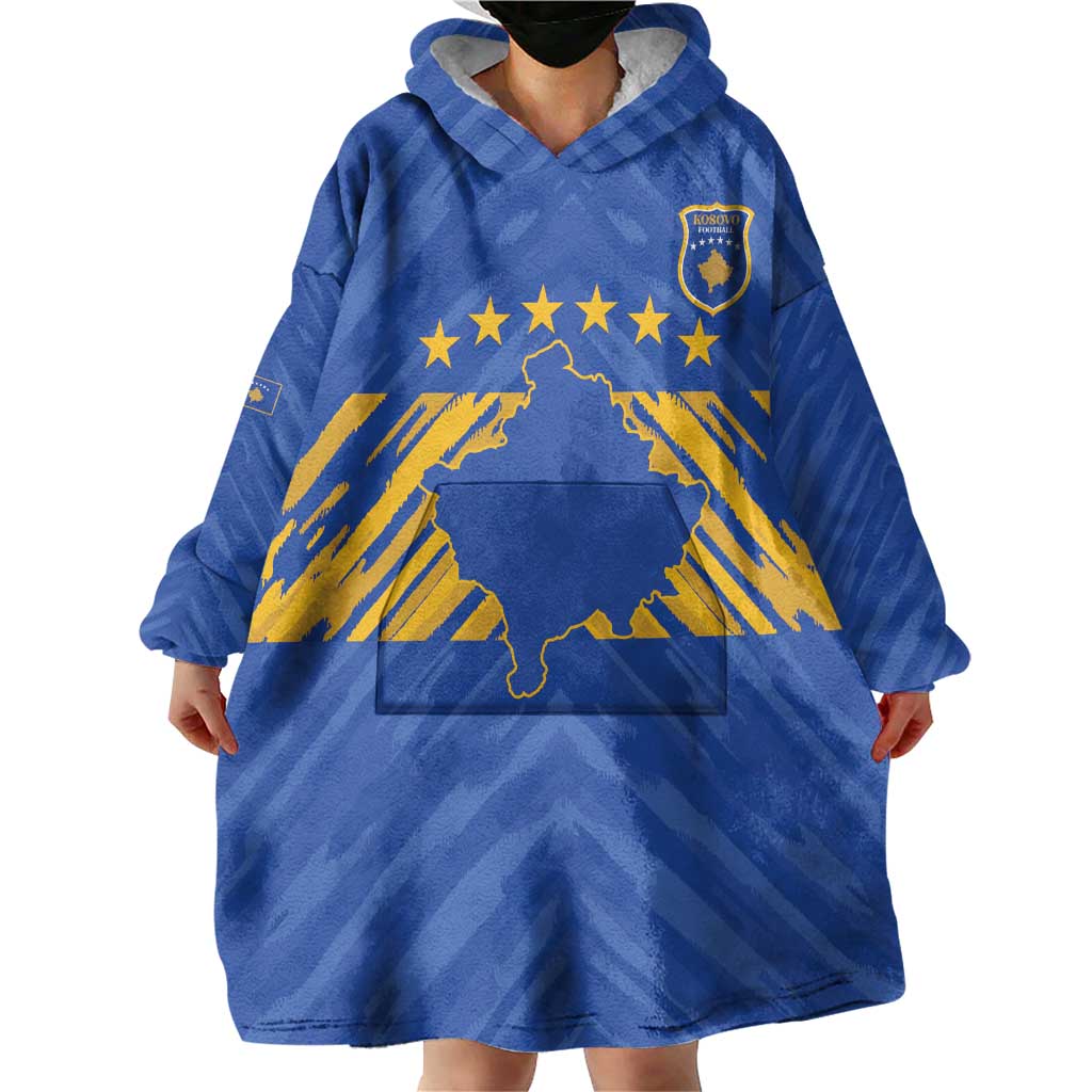Custom Kosovo Football 2026 Wearable Blanket Hoodie Rising Nation Blue Gold - Wonder Print Shop