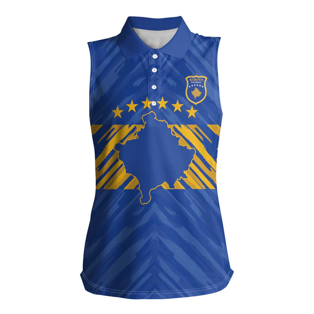 Custom Kosovo Football 2026 Women Sleeveless Polo Shirt Rising Nation Blue Gold - Wonder Print Shop