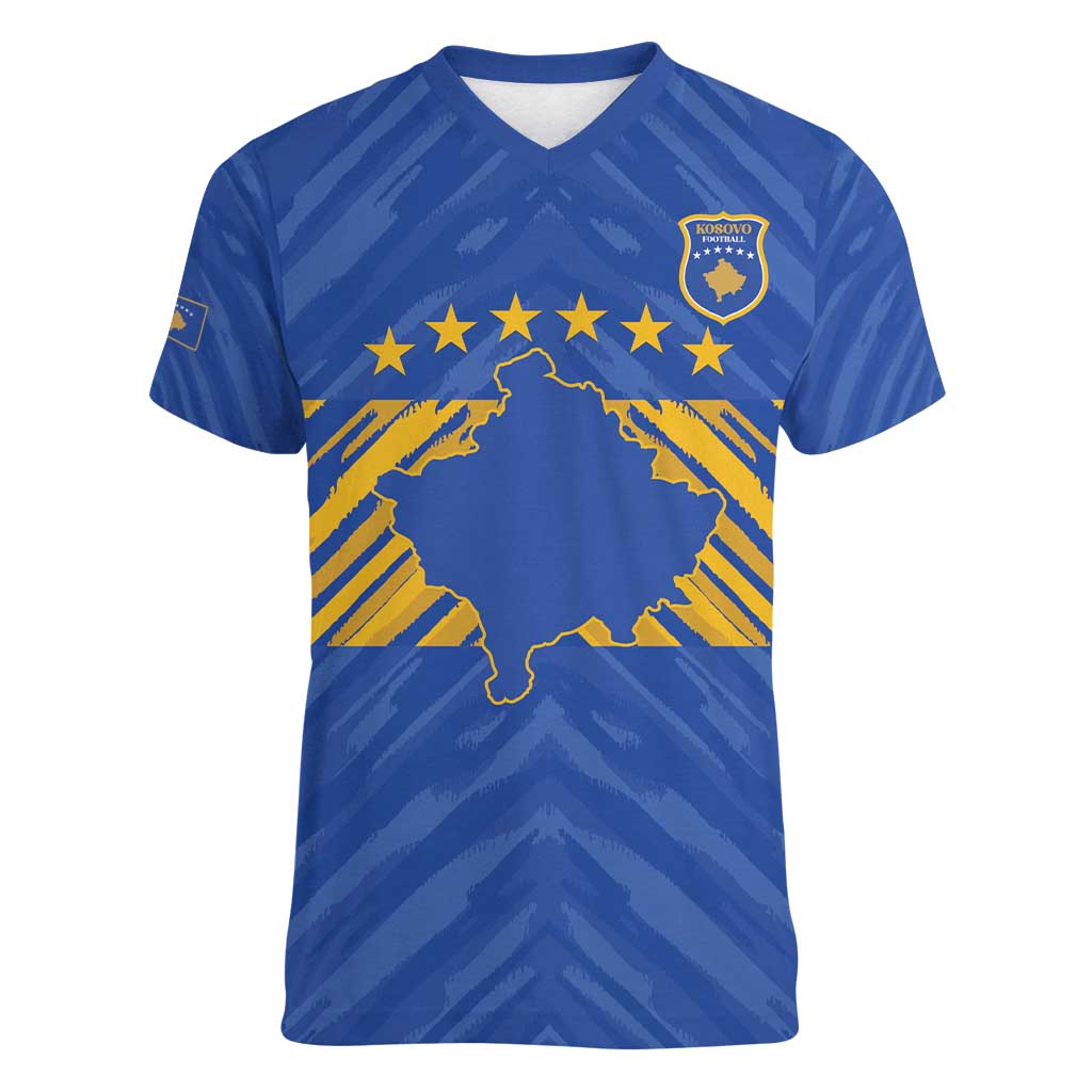 Custom Kosovo Football 2026 Women V-Neck T-Shirt Rising Nation Blue Gold - Wonder Print Shop